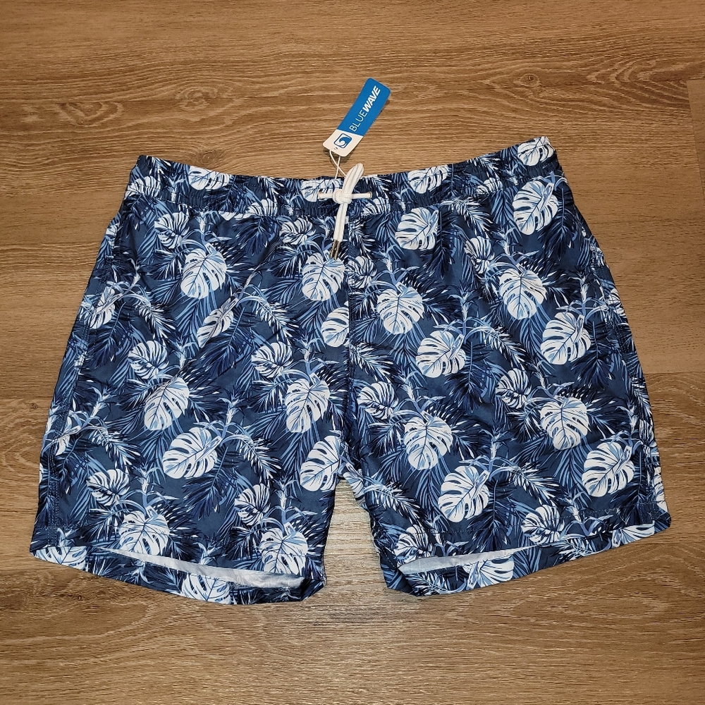 Bluewave Mens Swim Trunk Shorts Blue White Leaf Size XXL New